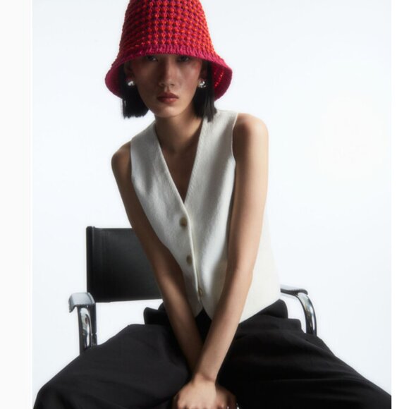 COS Crochet Knitted Cotton Blend Open Weave Bucket Hat Womens M L 60cm Pink NEW - Picture 5 of 5